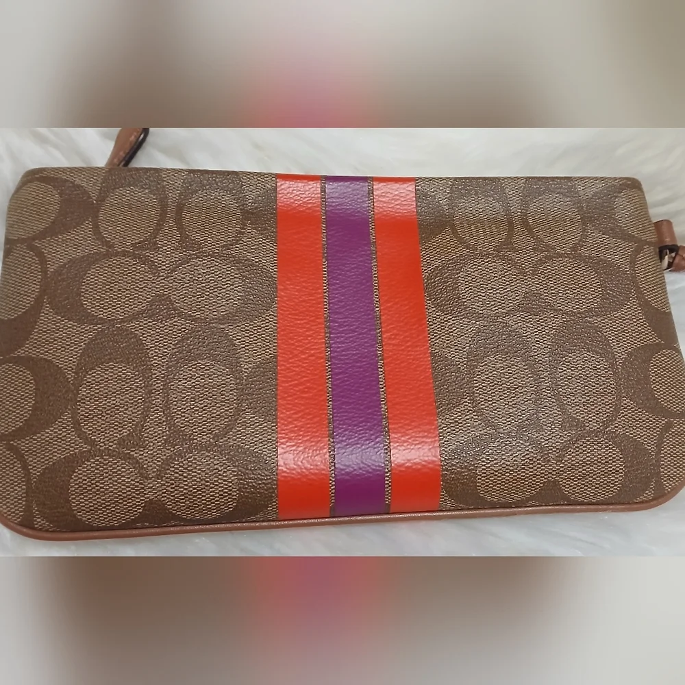 Coach Signature Canvas Wristlet with Red and Purple Stripe